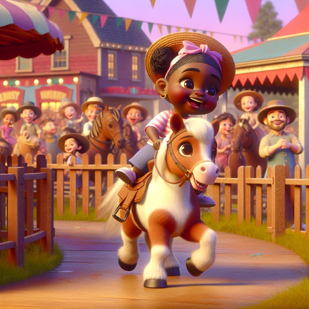 Disney Pixar style 3D adorable cute little girl, riding an a...