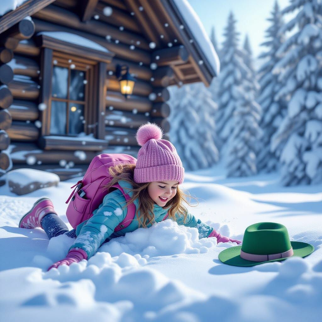 Girl Submerged in Snow Near Log Cabin, Fantastical Concept A...