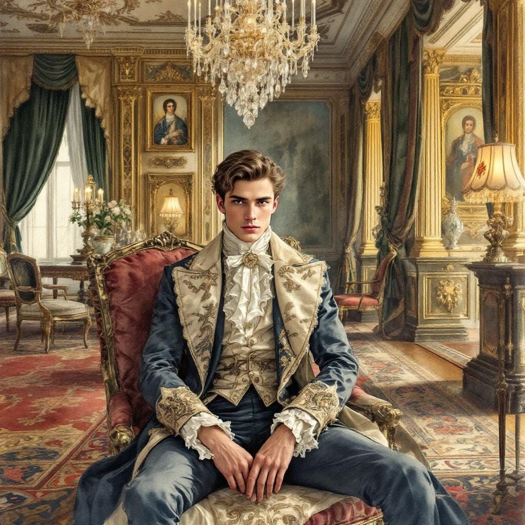 Young Aristocrat in Opulent Palace, Watercolor Style