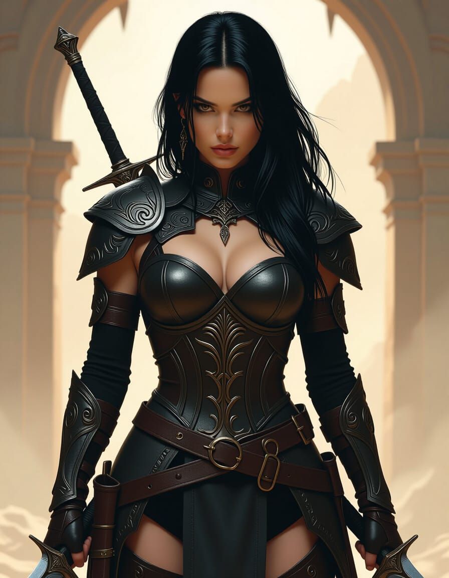 Woman Warrior with Scimitars in Dramatic Digital Painting