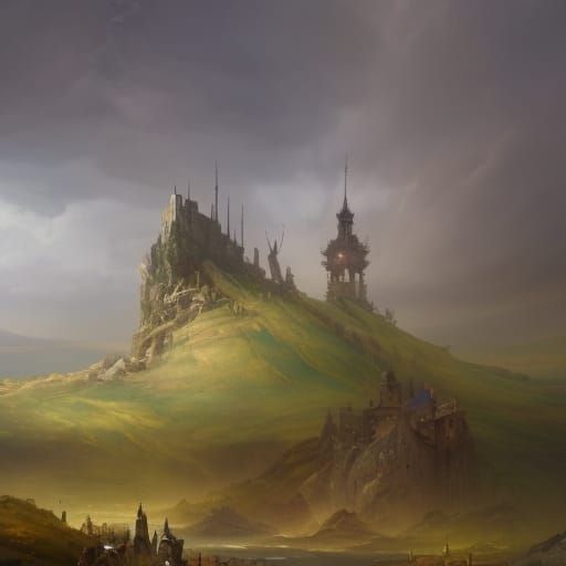 Windmill Gouache Painting: Epic Atmospheric Landscape