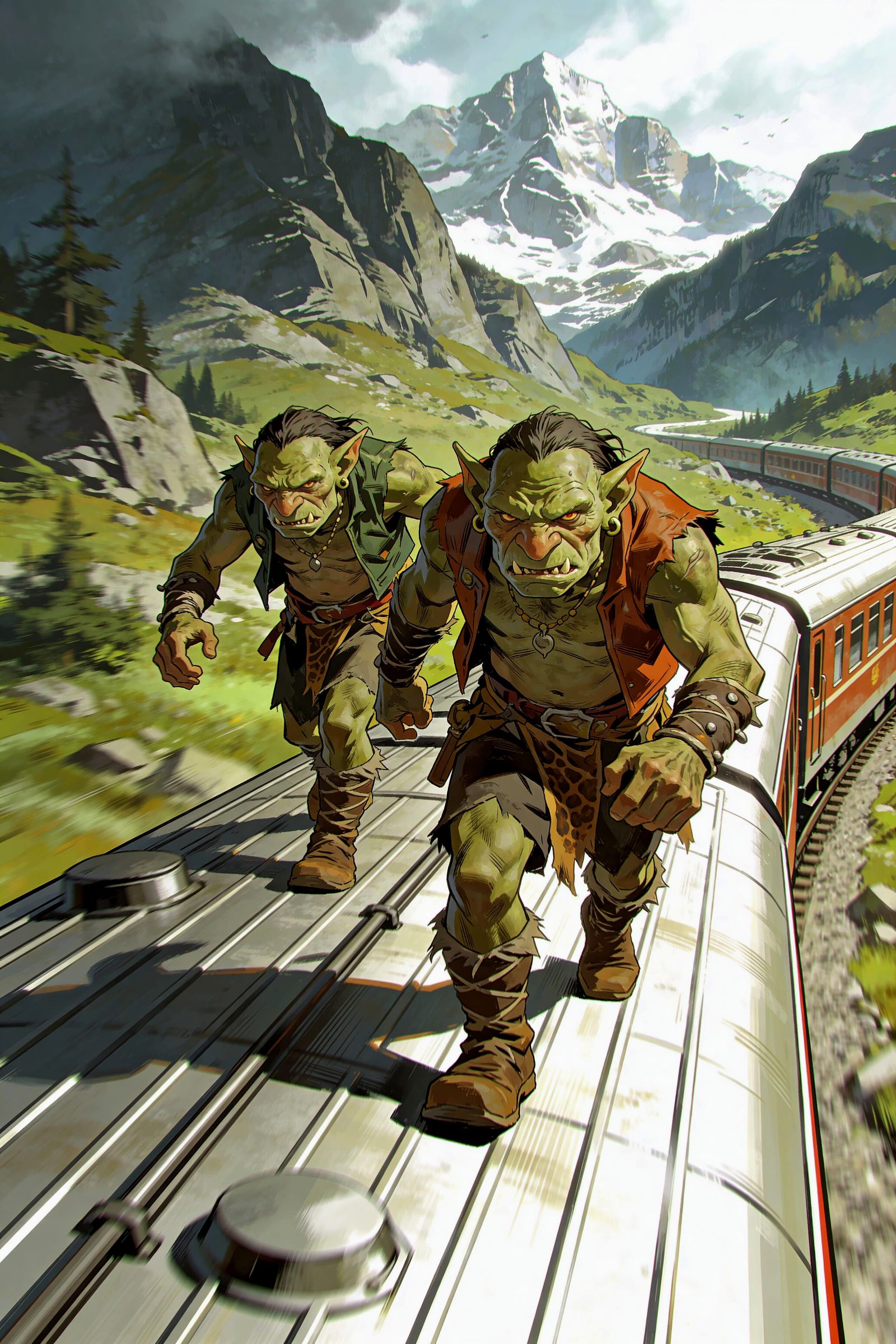 Trolls Speed-Walking on a Train in Mountain Landscape