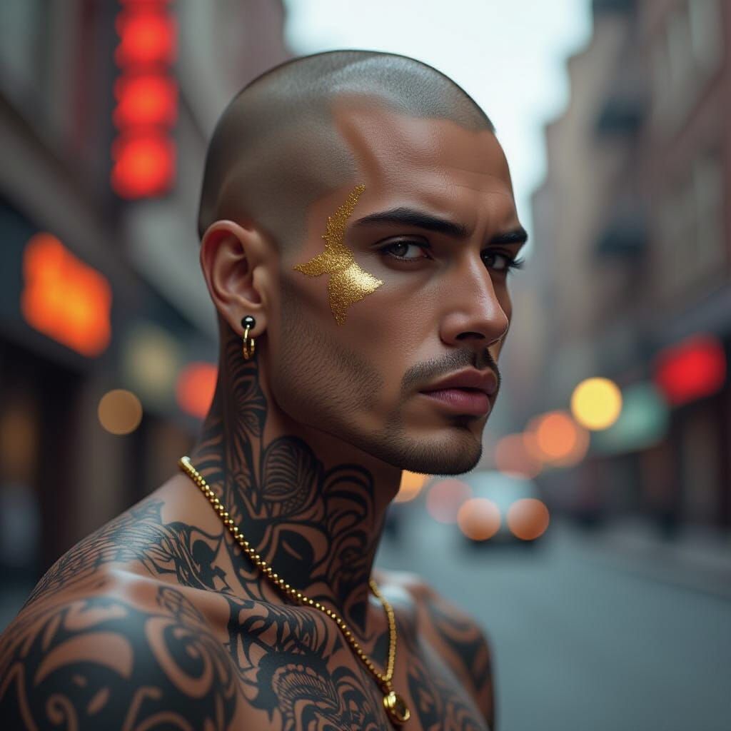 Intense Bald Figure with Gold Accents & Cityscape