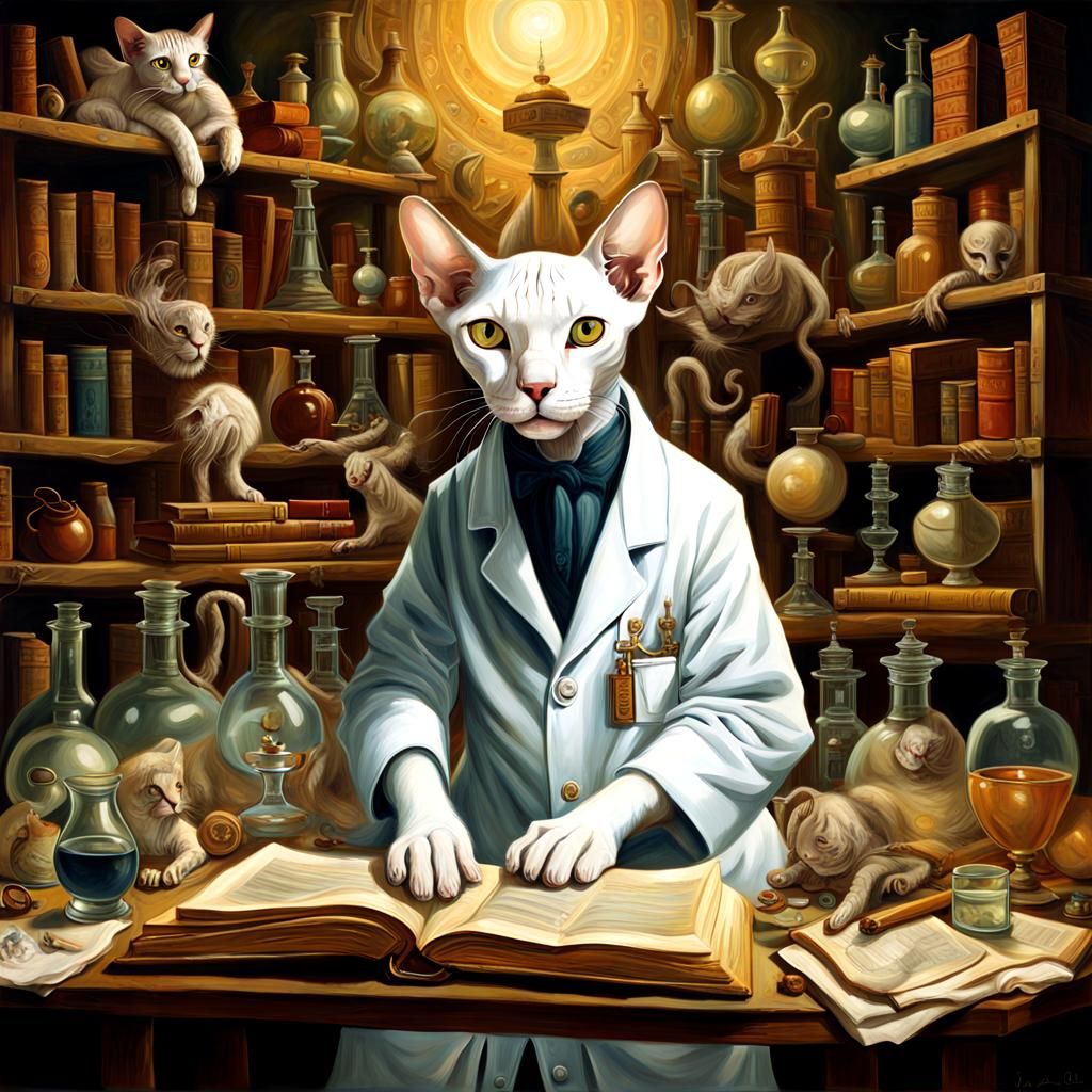 Colossal Sphinx Cat Scientist in Laboratory, Masterwork Oil