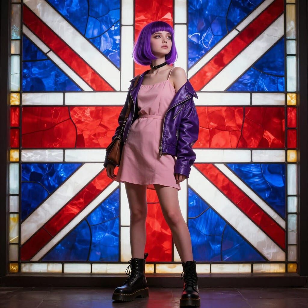 E-Girl Style Figure Against Union Jack Stained Glass