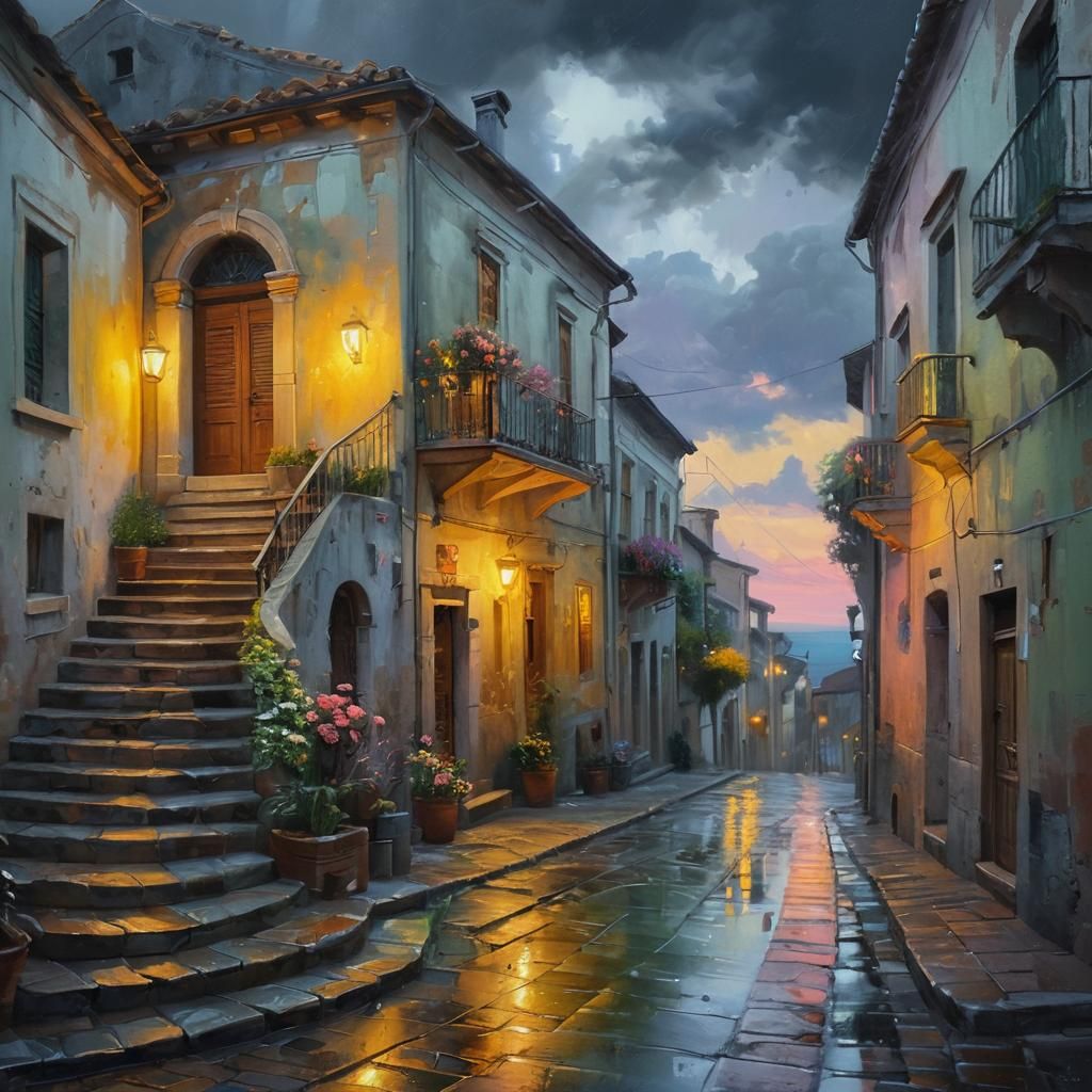 Italian Village Alley in Oil Painting Style