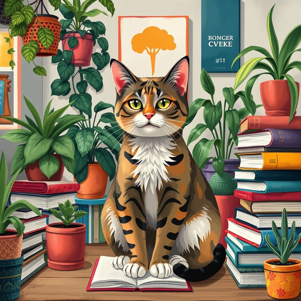 A Millennial cat relaxing with plants, books, and a cozy workspace.