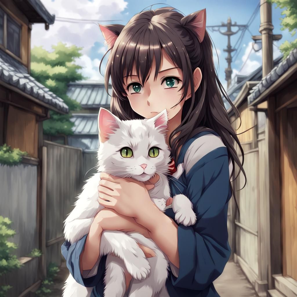 Anime Girl with Cat: Japanese Manga Style