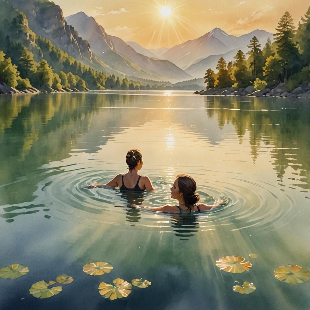 Woman Swimming in Mountain Lake at Sunrise