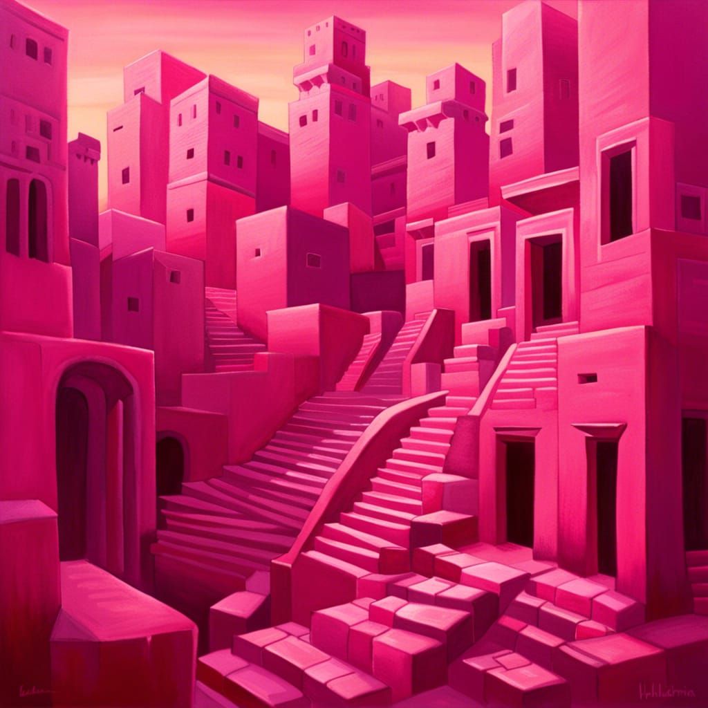 Pink Terraced Cityscape Painting in Saturated Pigments