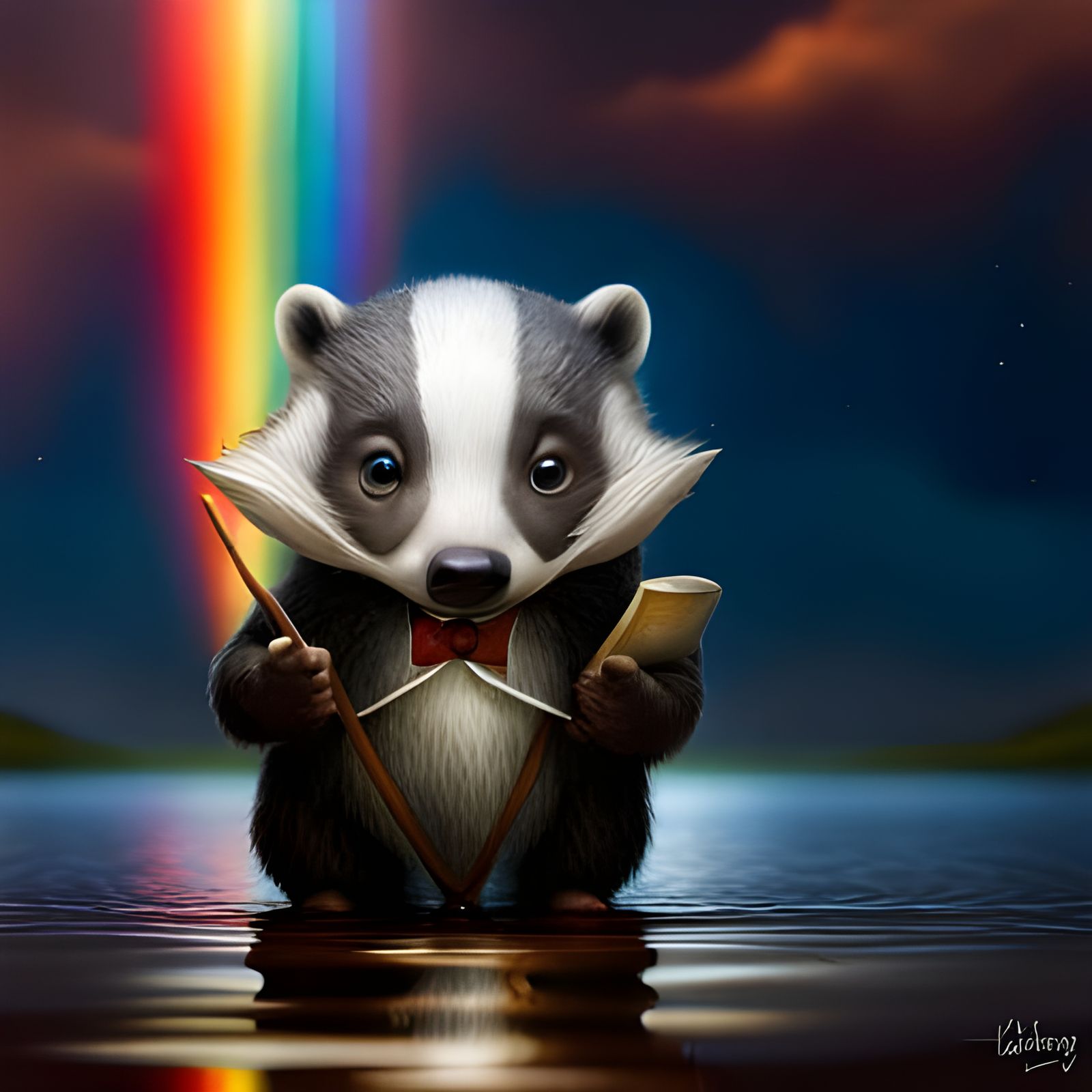 Adorable Badger Cub and Rainbow, Detailed Fantasy Art