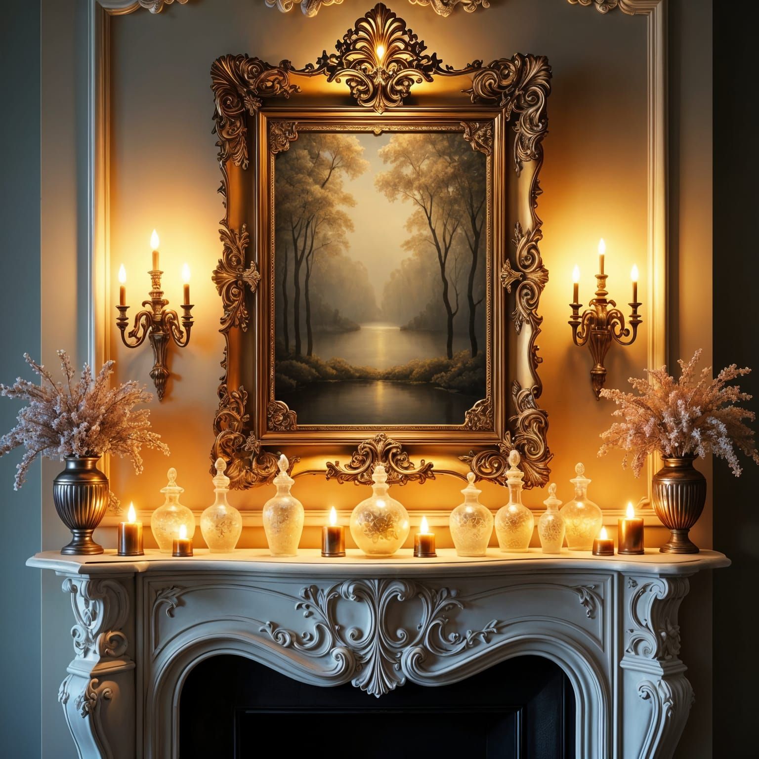 Symmetrical Fireplace with Art and Figurines