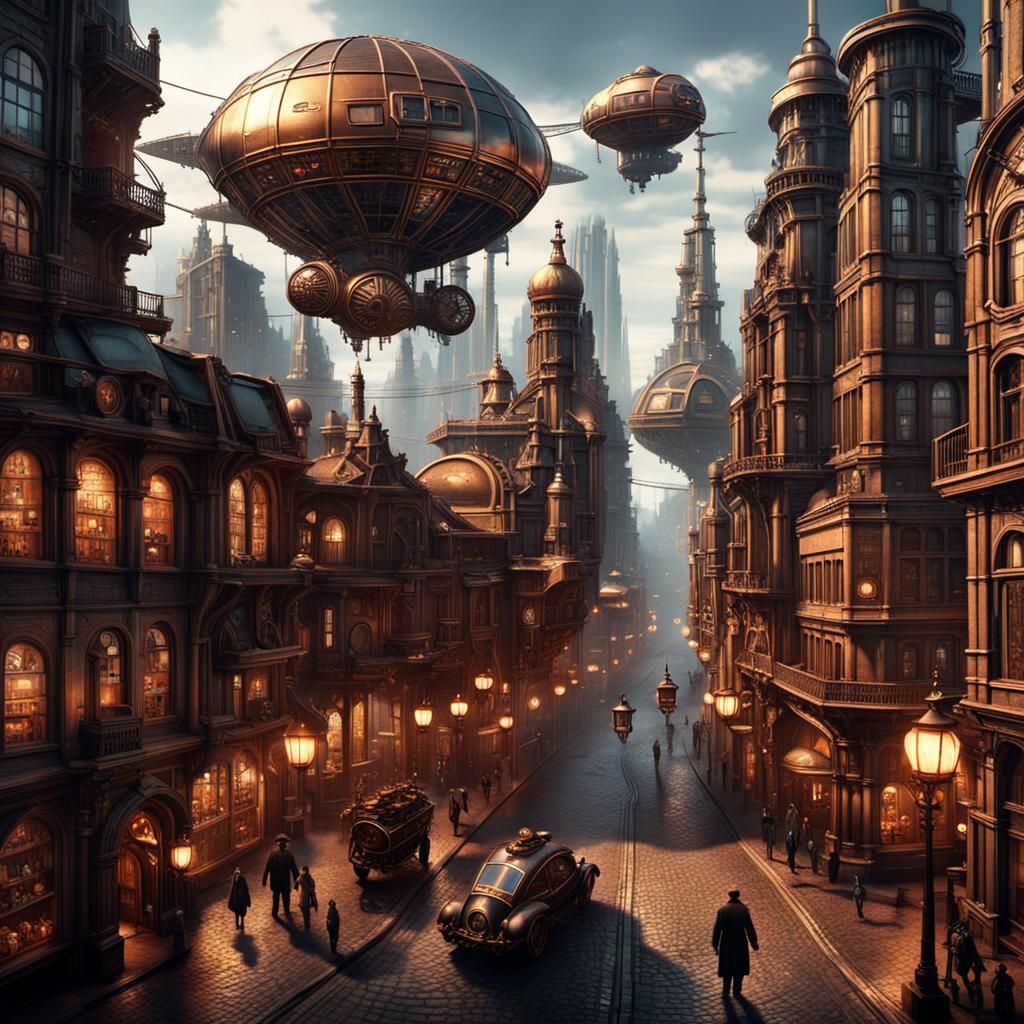 Steampunk Cityscape at Twilight in Gothic Style