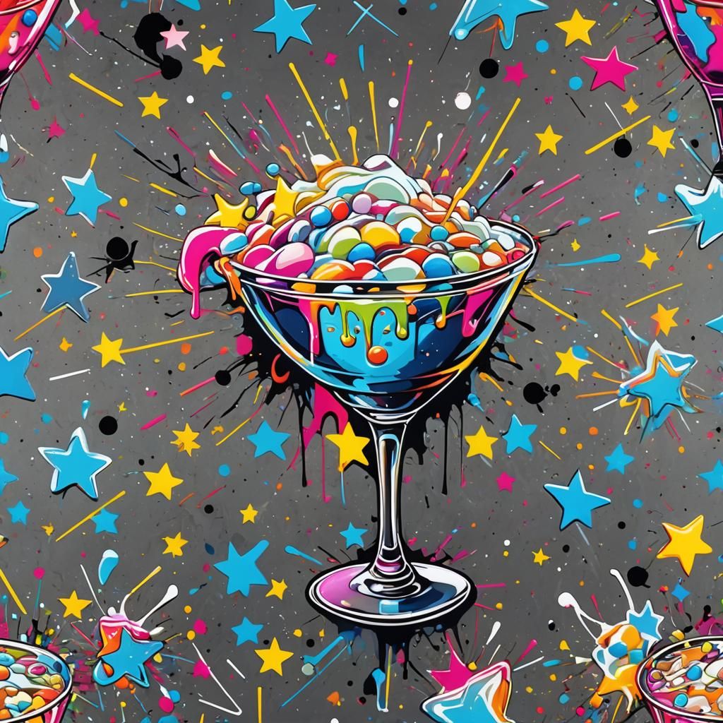 Giant Martini with Neon Stars in Graffiti Art