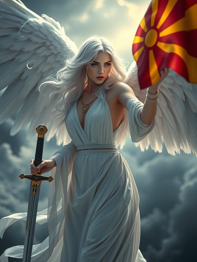 Menacing Angel Waving Macedonian Flag in Hyperrealism