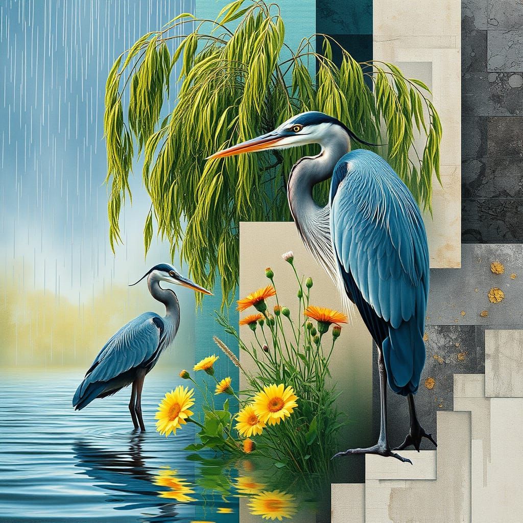 Vibrant Abstract Collage with Female Form and Whimsical Elem...