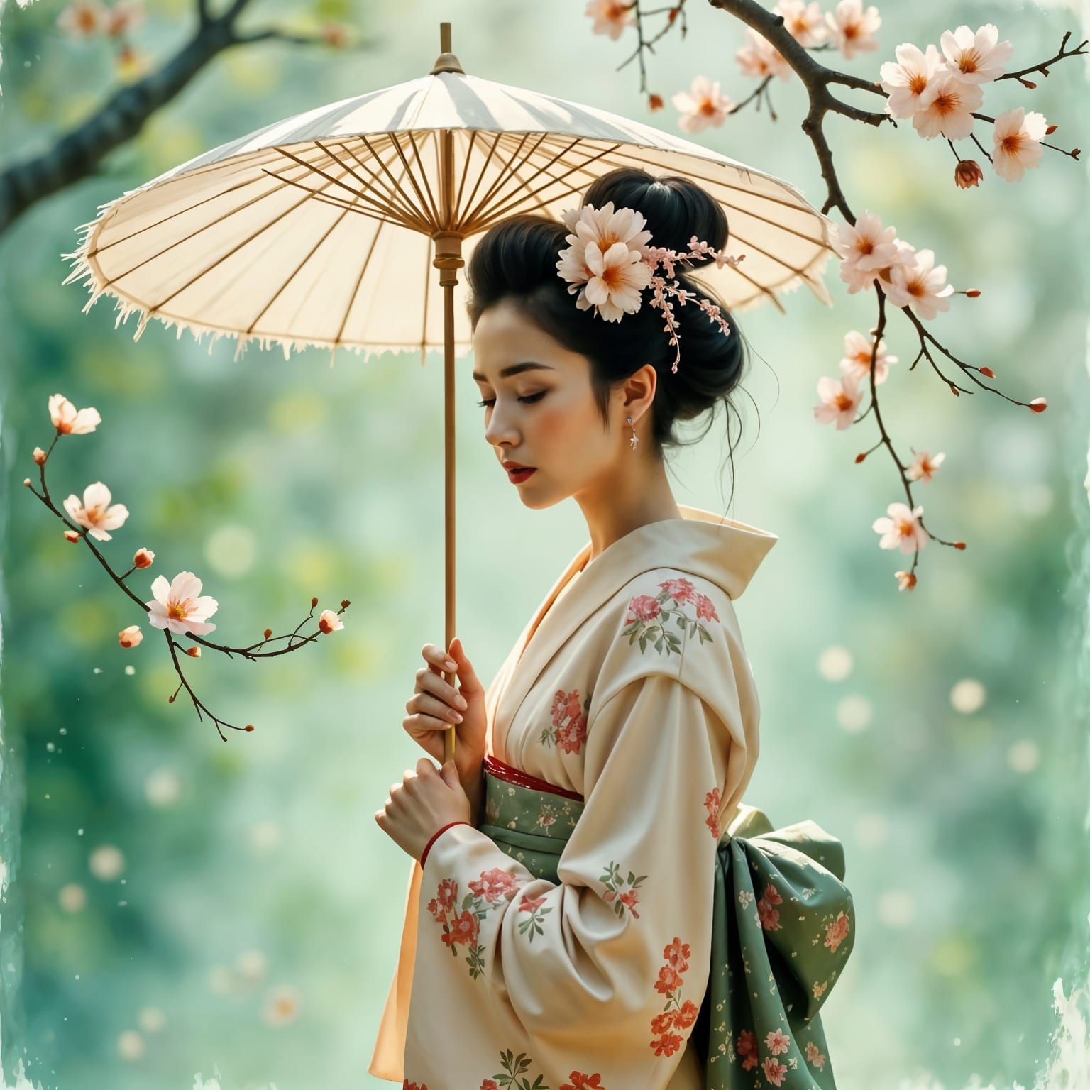 <lora:Paysage:1.0> une guesha avec une ombrelle en dentelle