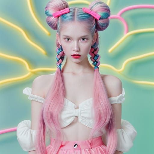 Playful Fashion Model with Candy-Colored Pigtails and Chic O...