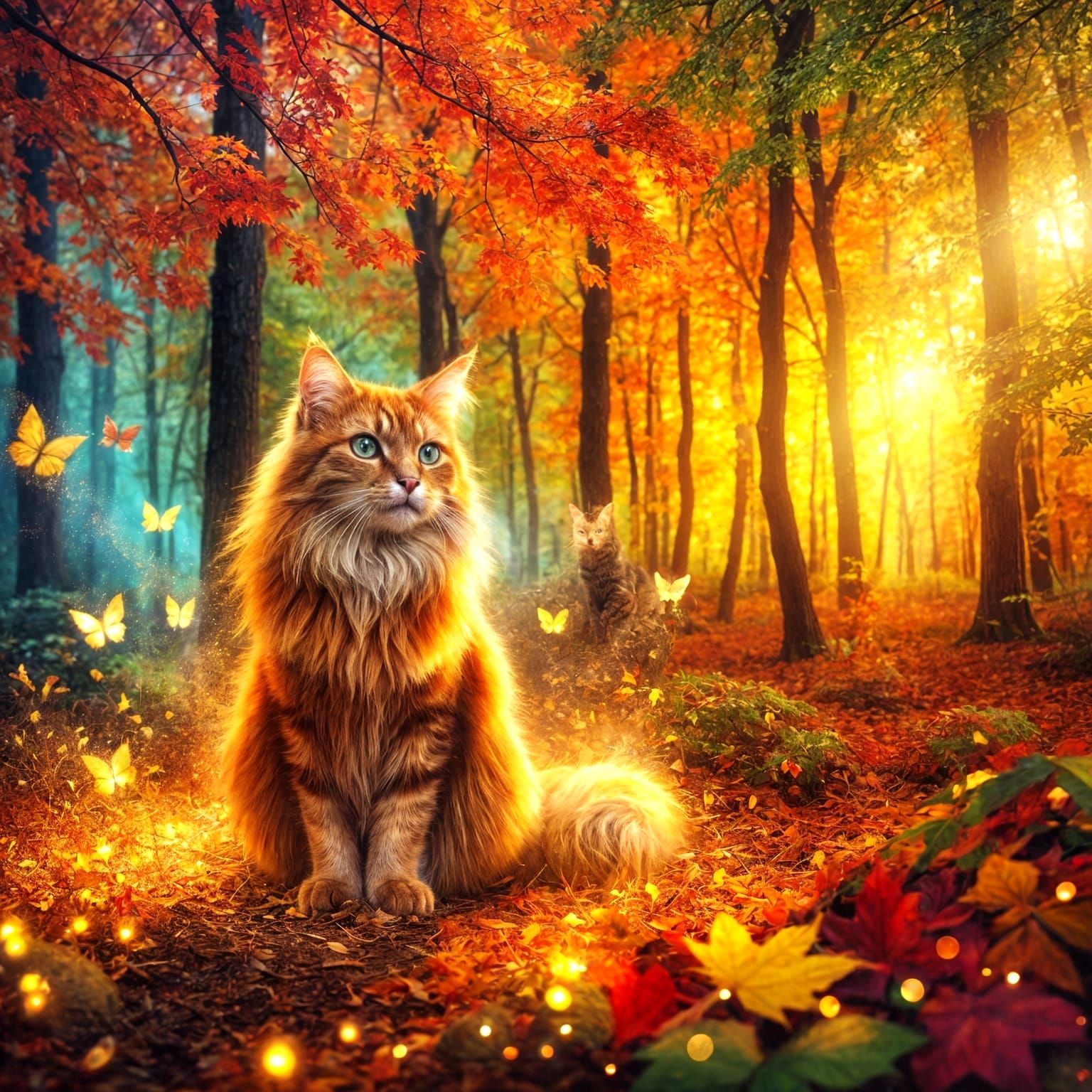 Enchanted Cat Amidst Magical Autumn Forest