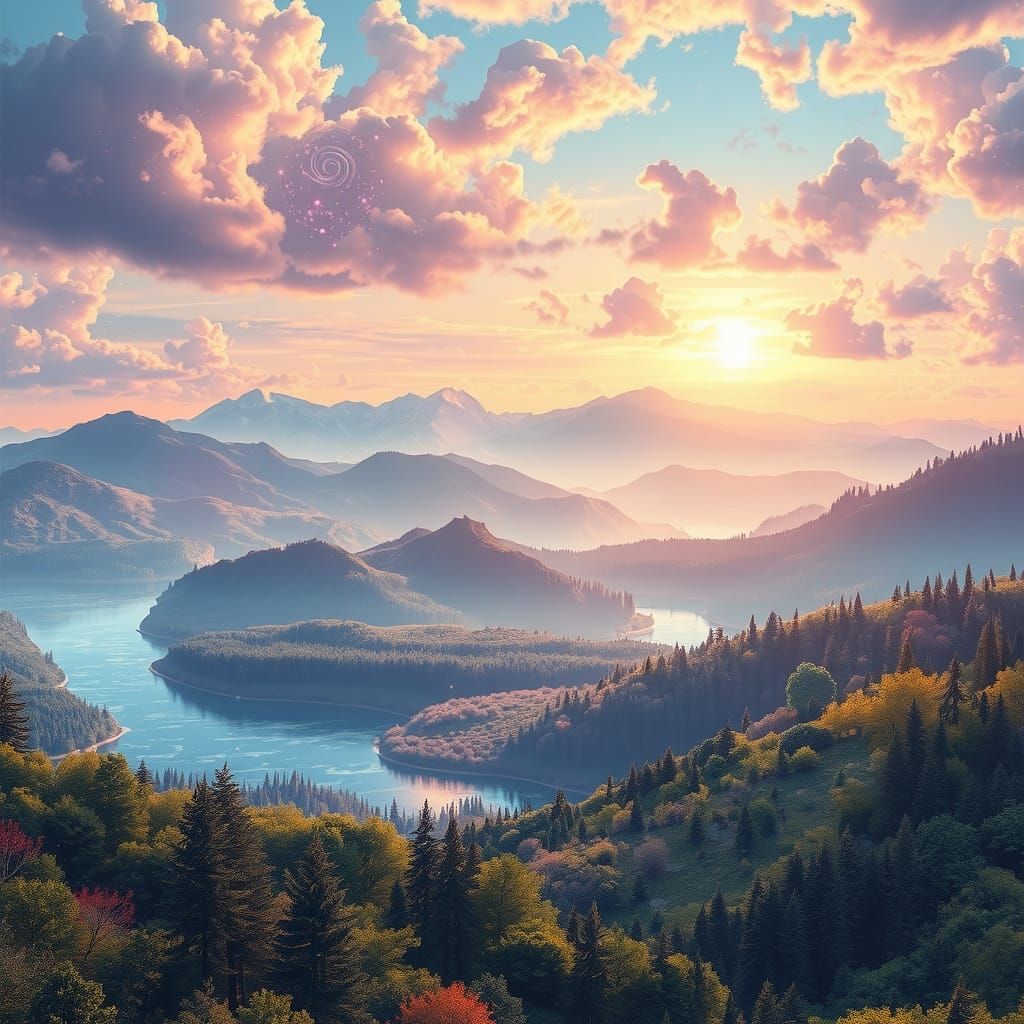 Ethereal Landscape with Crystalline Lakes and Mystical Fores...