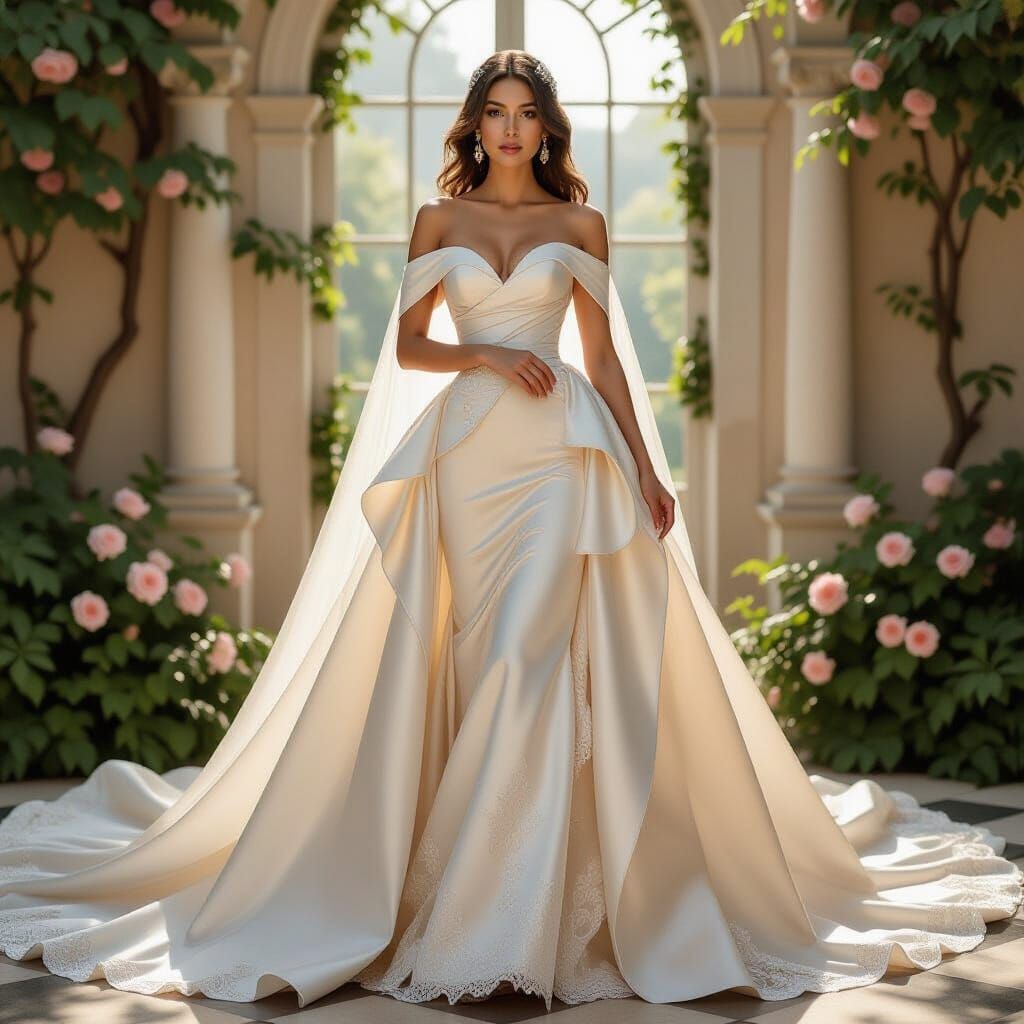 Elegant Bride in Satin Gown, Art Nouveau Romance