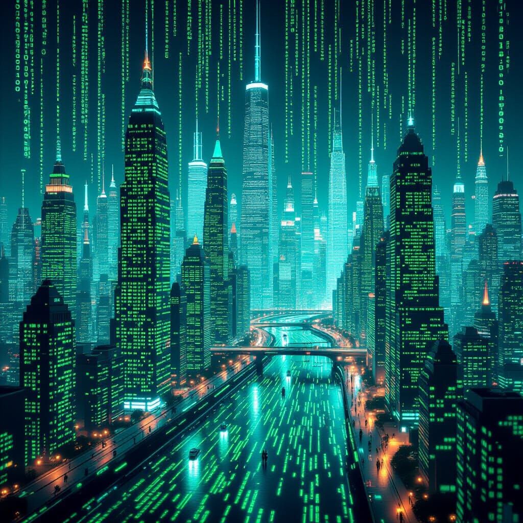 Glowing Code Cityscape - Digital Metropolis