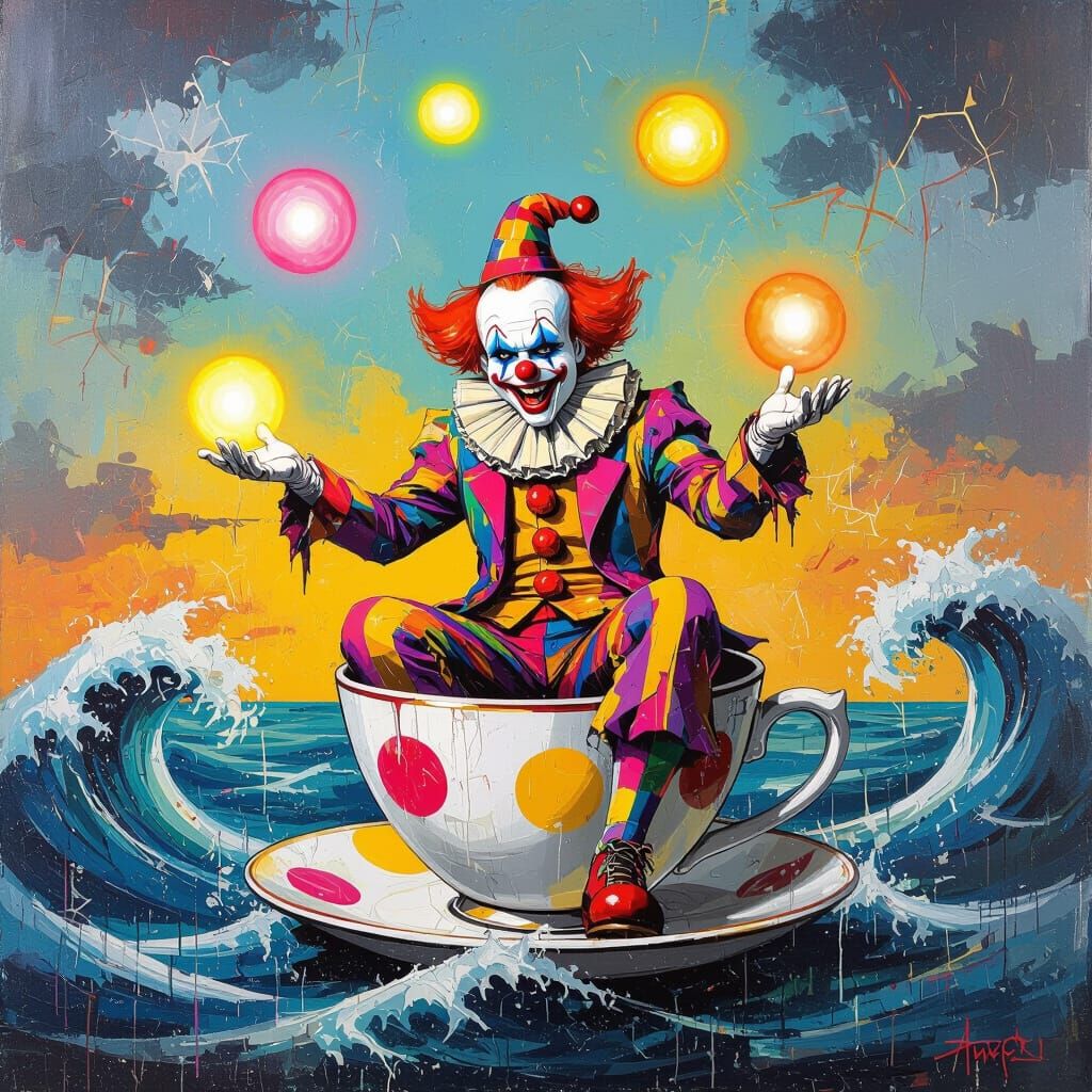 Mischievous Clown Juggles Energy Orbs on Floating Teacup