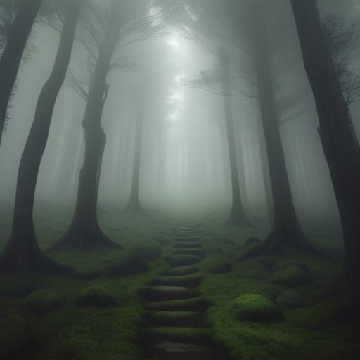 Mystical Foggy Forest Path in Ethereal Digital Art Style