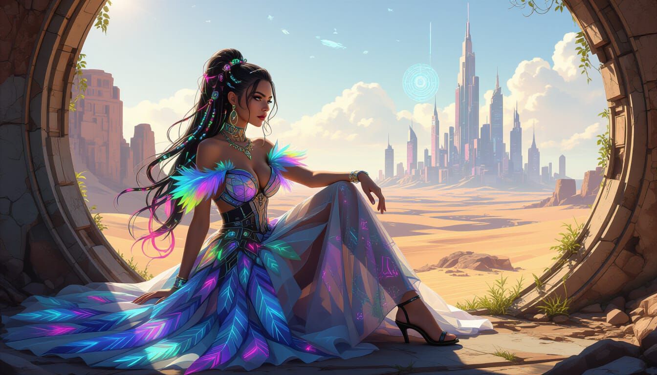 Radiant Traveler in Otherworldly Setting
