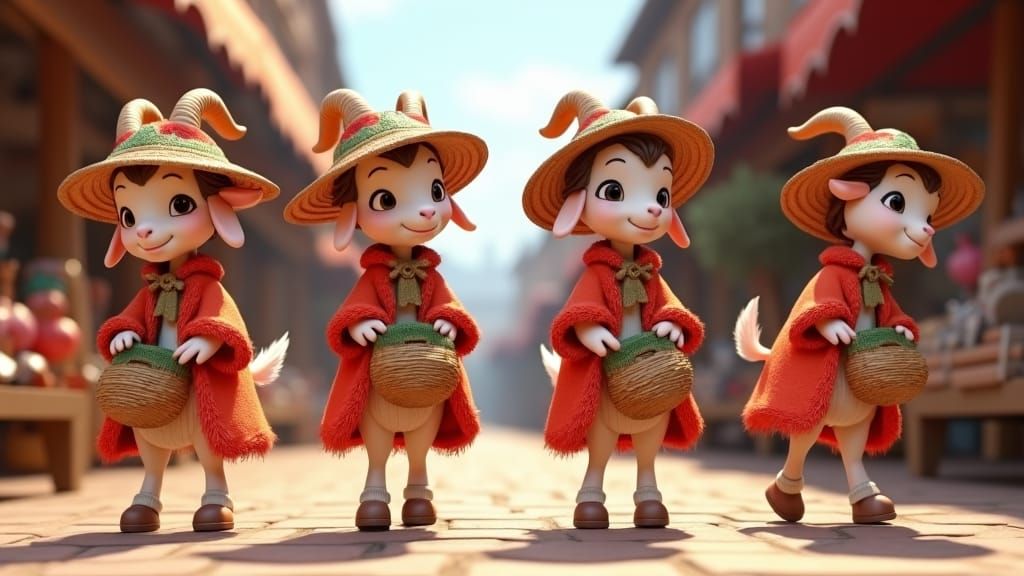 Goat in Market, Pixar-Style 3D Cartoon