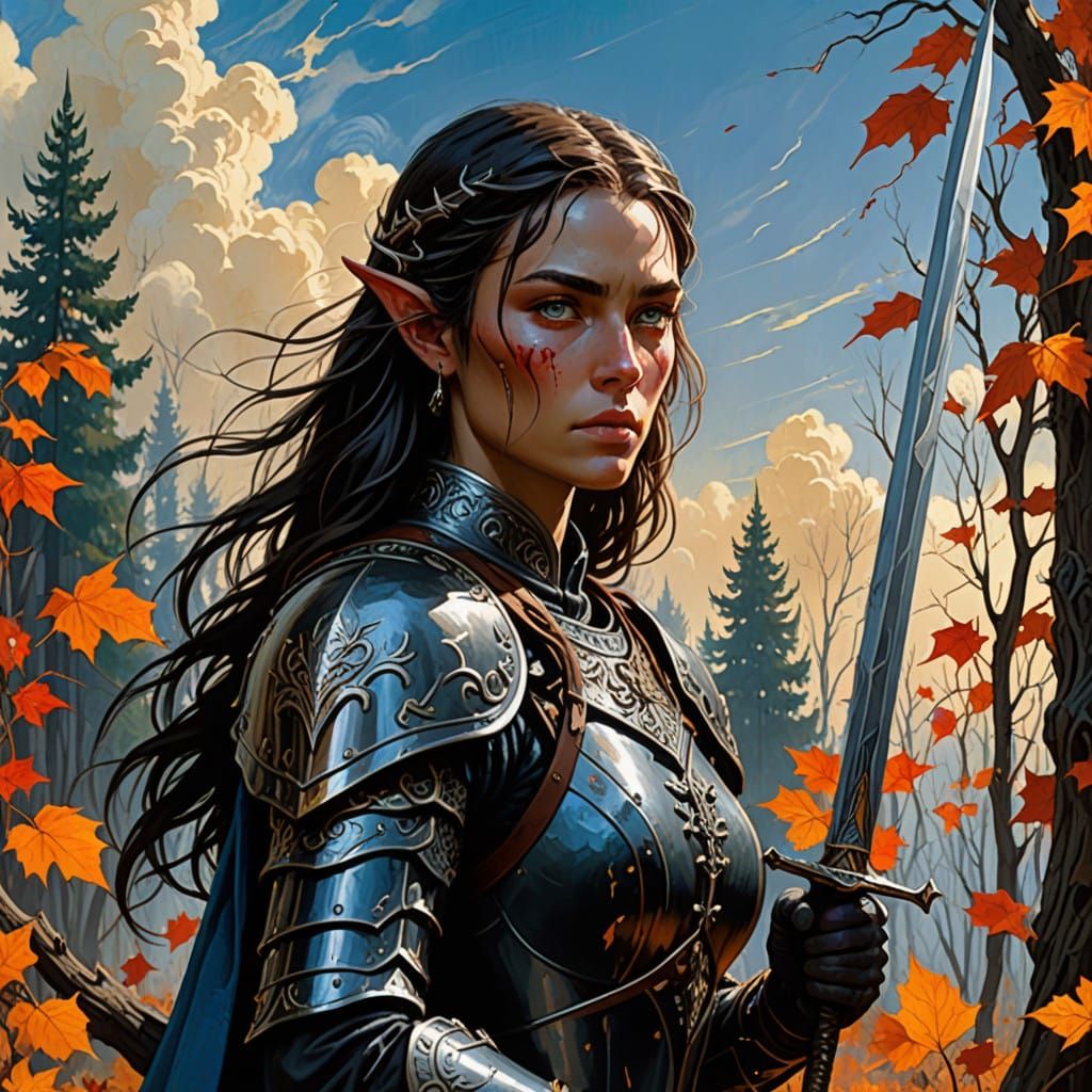 Ethereal Warrior Rides Through a Fiery Autumn Wood in Dark F...