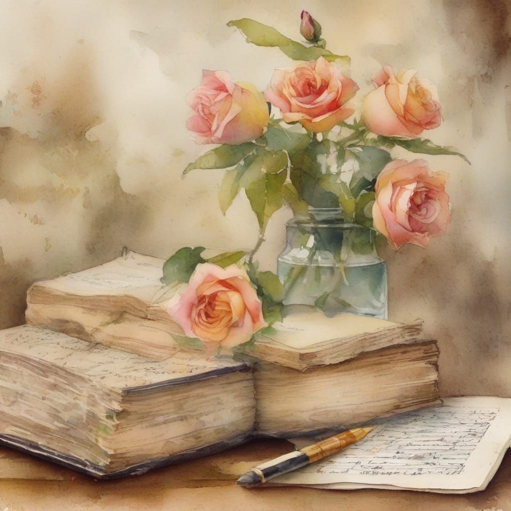 Dreamy Watercolor of Vintage Books and Blooming Florals