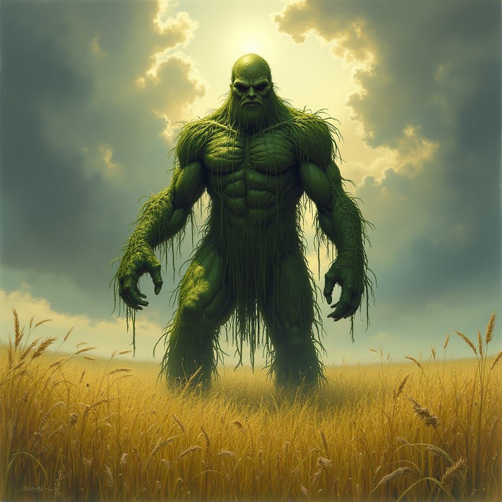 Swamp Thing in Golden Field Under Dramatic Sky