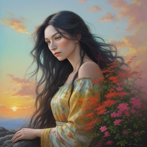 Expressionist Woman Gazing at Sunrise Painting