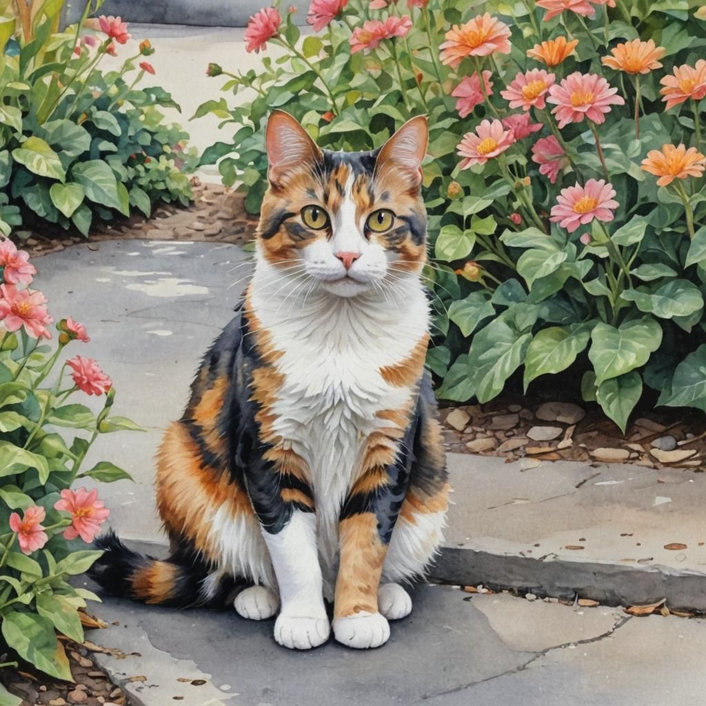Calico Cat in Watercolor Flower Garden