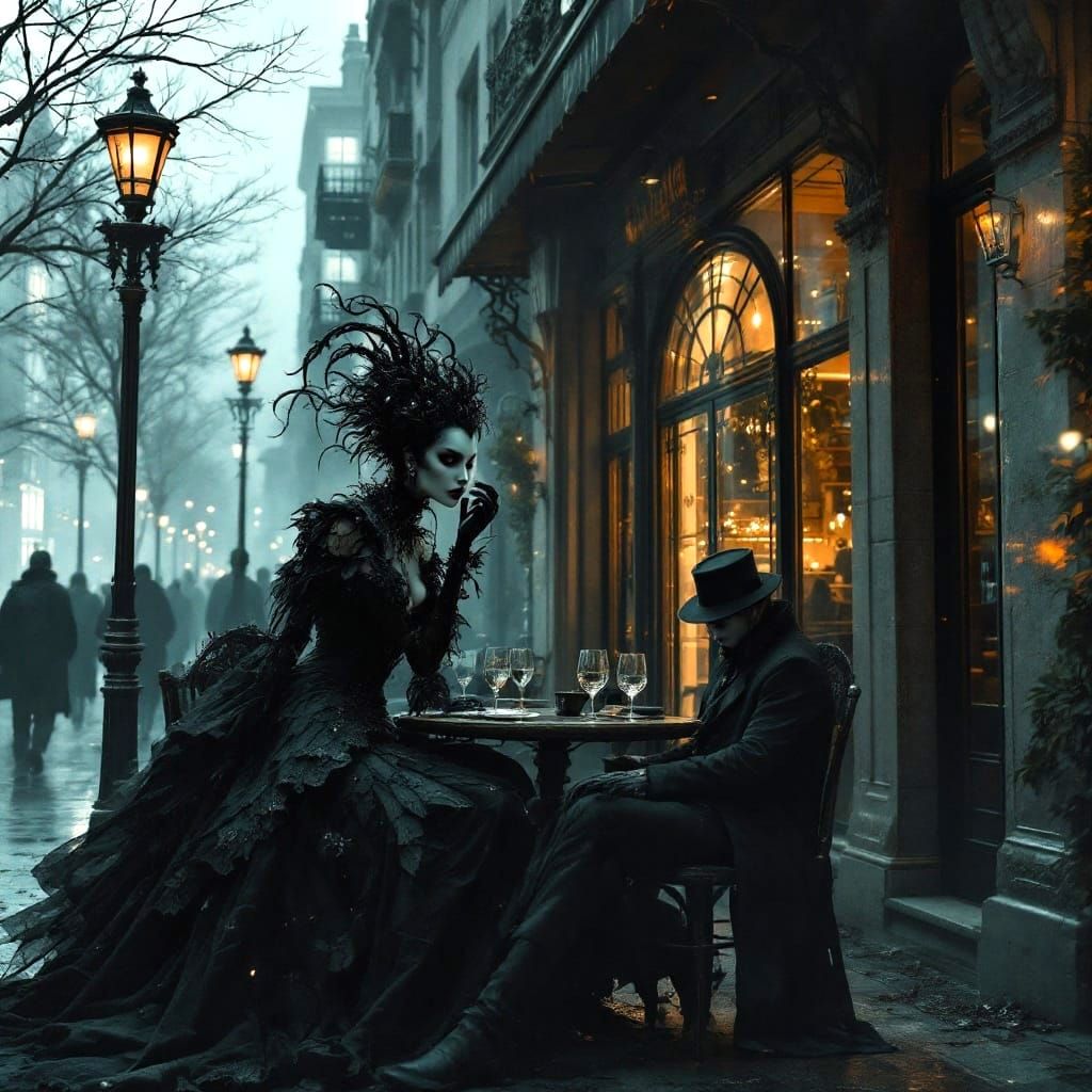 Dark Fantasy Realism in Steampunk Cafe Setting