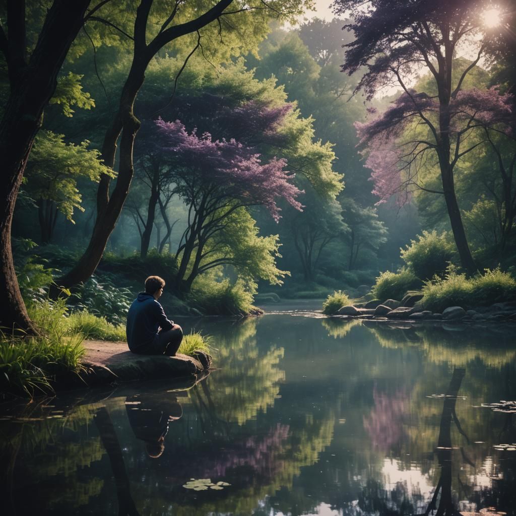 Serene Pond Reflection in Impressionistic Style