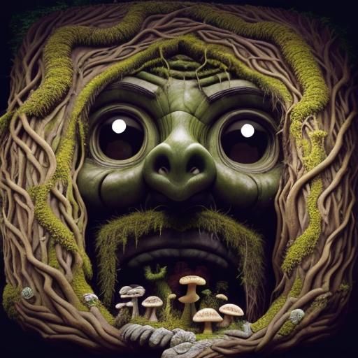 Magical Stone Face Monument in Overgrown Forest