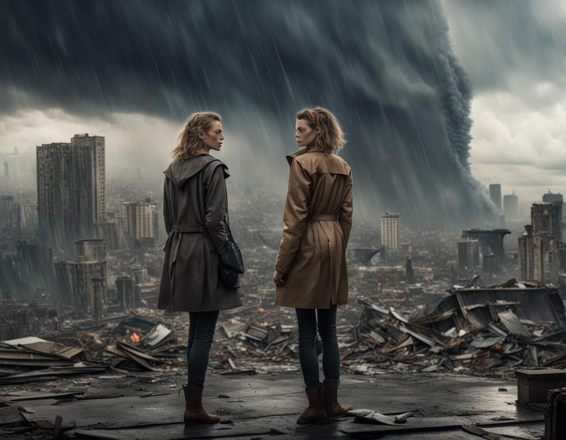 Realistic Movie Scene: Women Watching Destroyed City