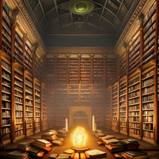 Ancient Library with Candles: Hyper-Realistic Digital Art
