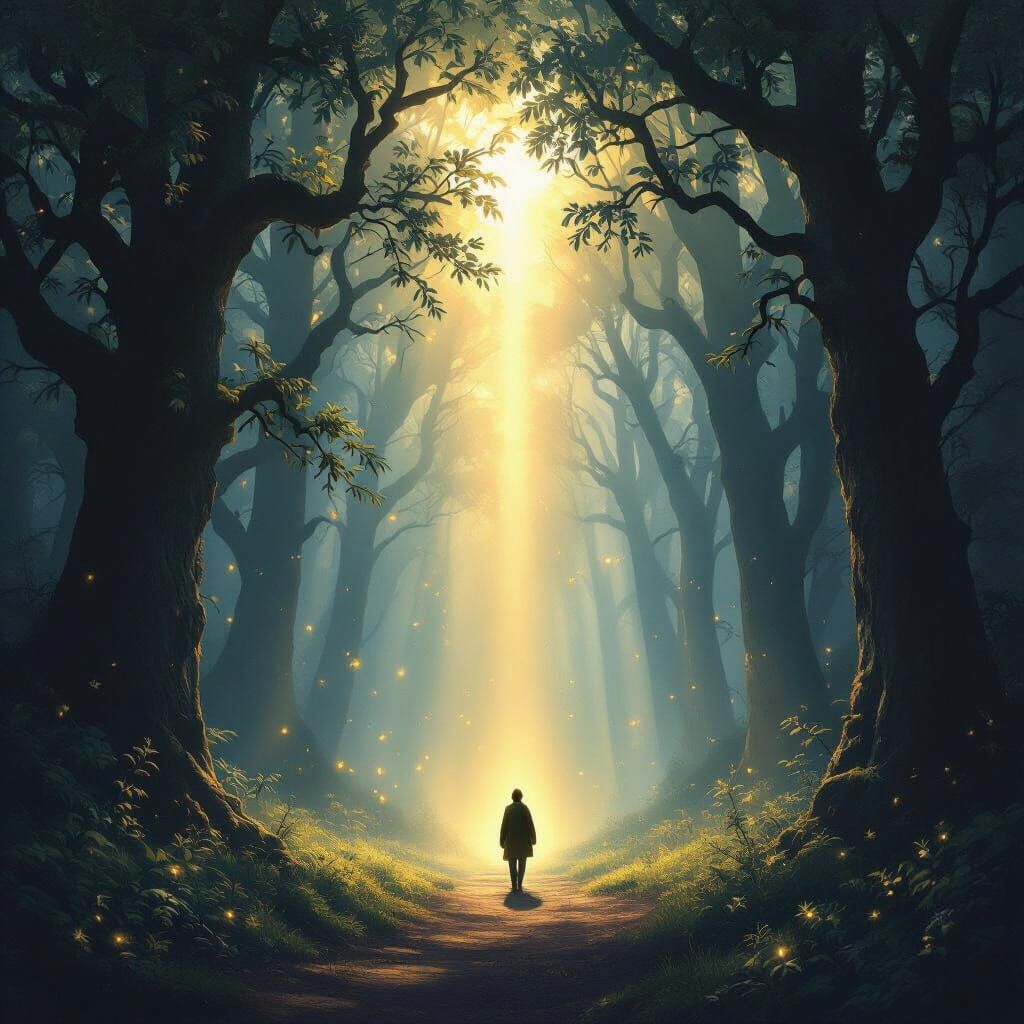 Divine Light Illuminating Forest Path for Solitary Figure