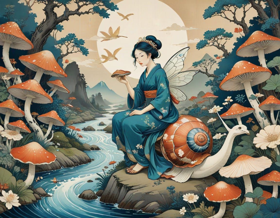 Fairy Riding a Snail in Ukiyo-e Style