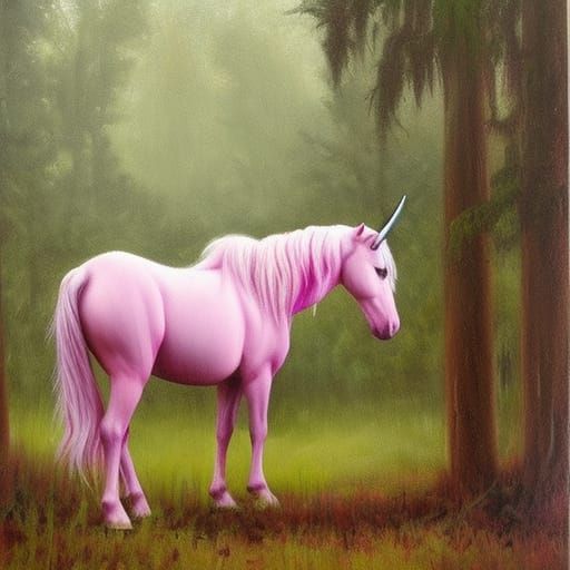 Pink Unicorn in Dark Woods Oil Painting