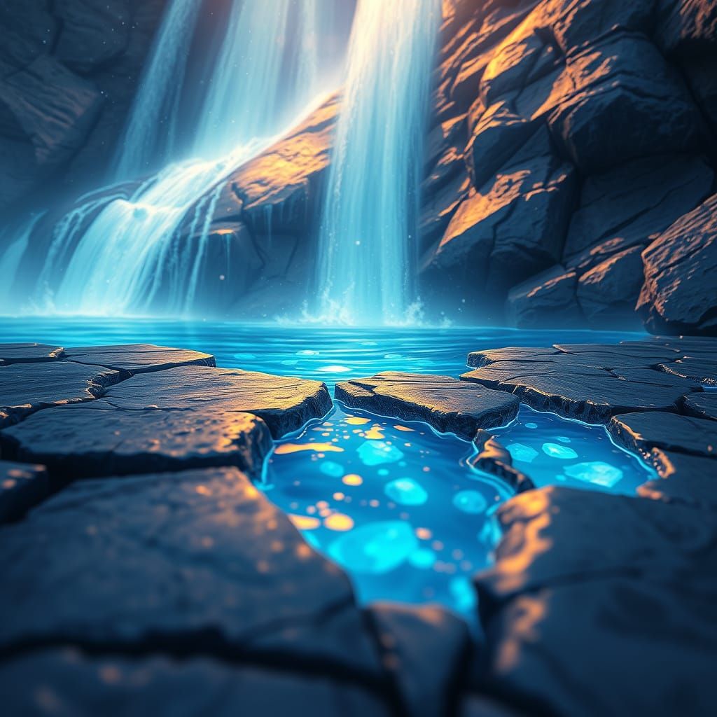 Glowing Waterfall in Pavement Cracks: Mixed Media Illustrati...