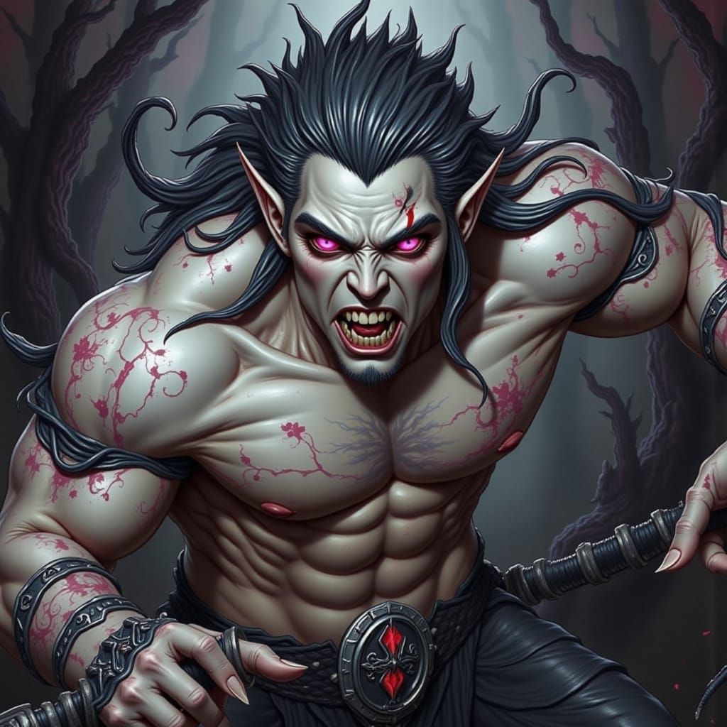 Half-Orc Man with Pink Eyes and White Skin