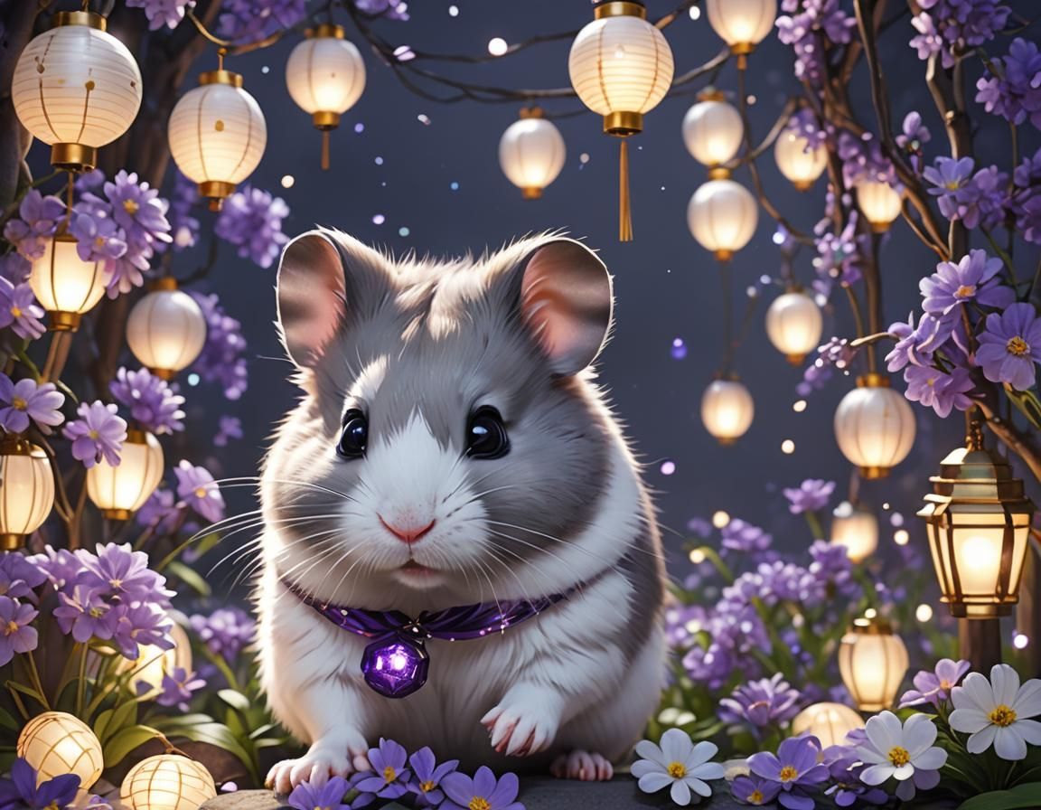 Whimsical Grey and White Hamster in Dreamy Floral Setting