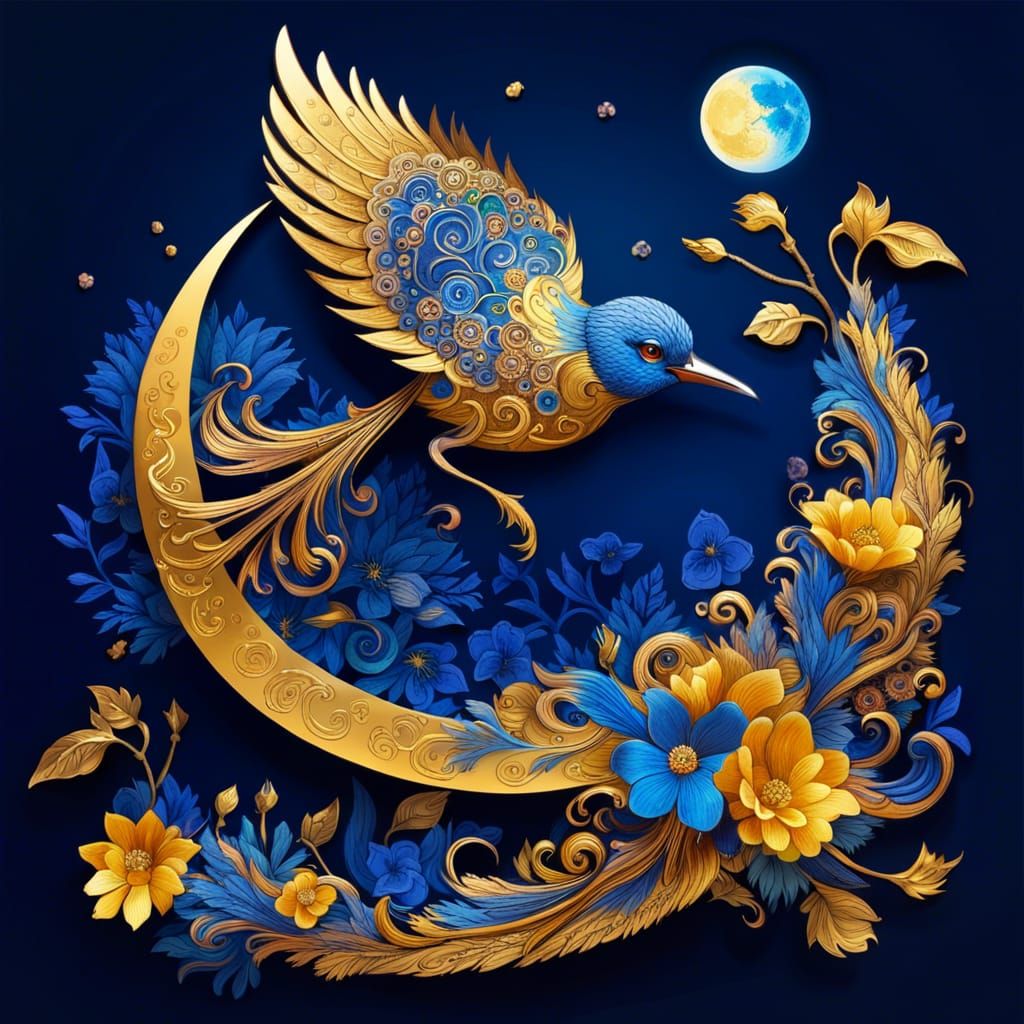 Golden and Blue Bird on Crescent Moon, Detailed Art