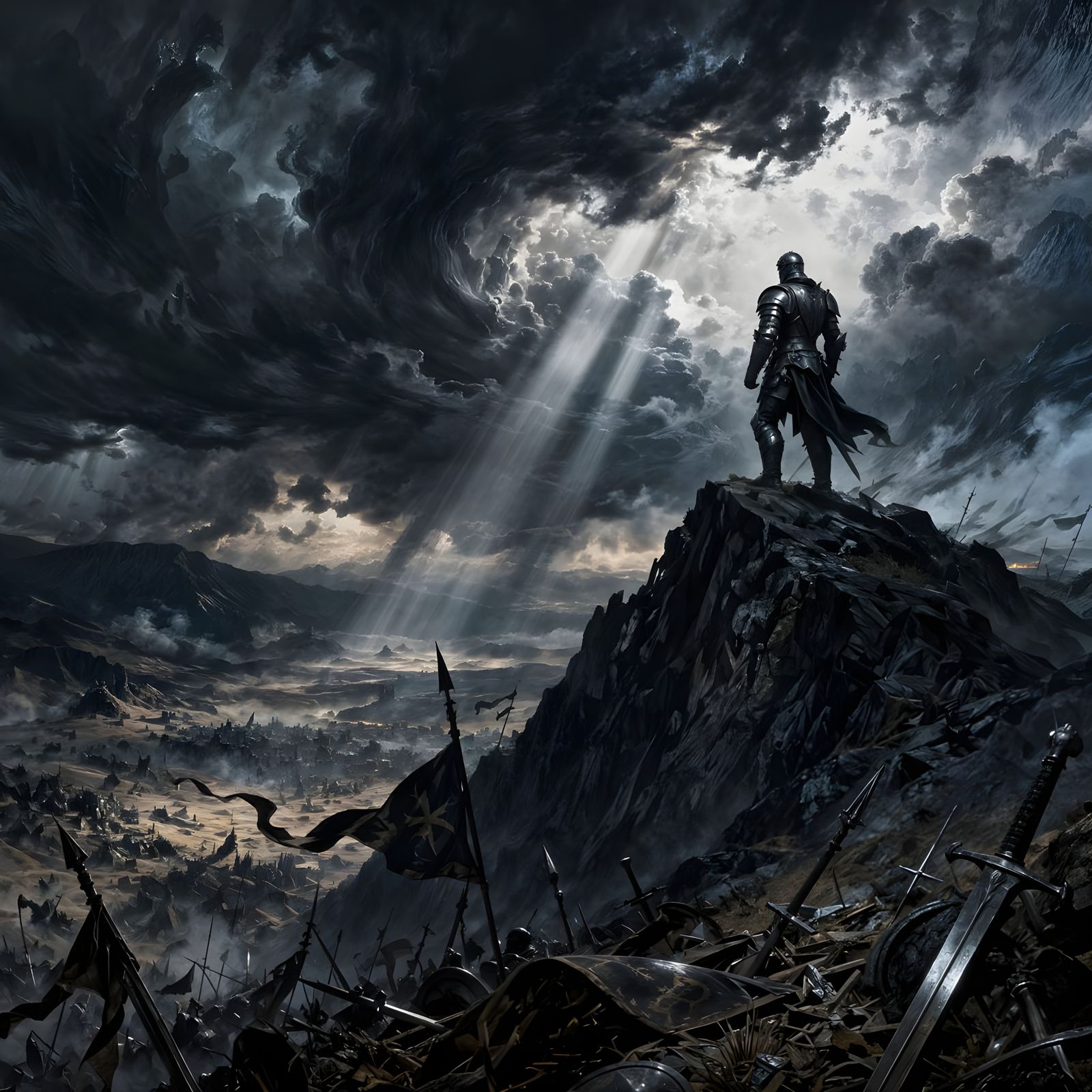Knight Surveys War-Torn Valley in Dark Fantasy Style