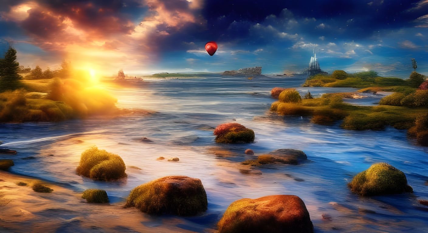 Fantasy Sunset with Glowing Moon and Opalescent Reflections