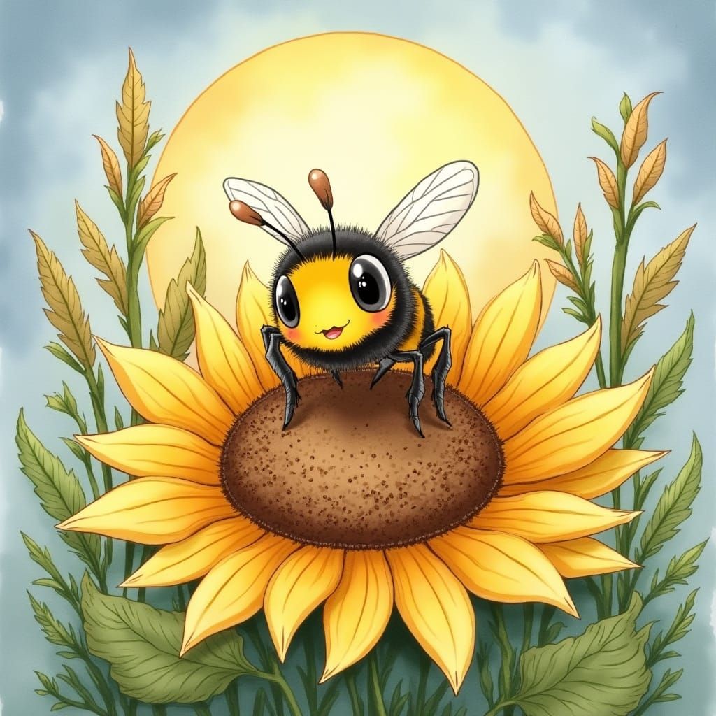 Vibrant Watercolor Bee Amidst Moonlit Sunflowers